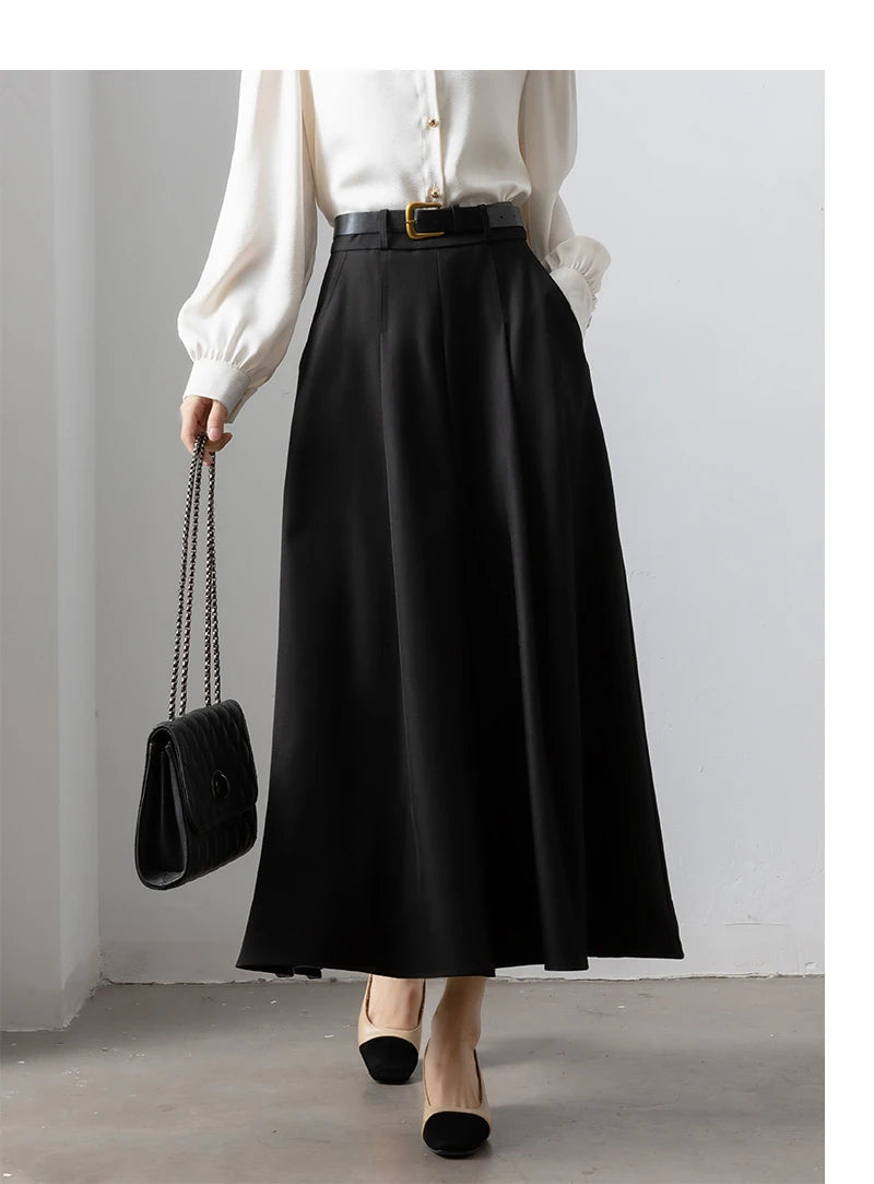 Autumn Elegant High Waist Women's Umbrella Skirts Pockets 2025 New Solid Casual Loose Office Pleated A-line Long Skirts Female