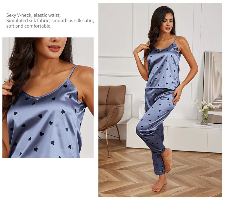 Women's Home Clothes Sexy V Neck Pajama Silk Pajamas Set Sleepwear Satin Cami Vest with Trousers Pajamas 2 Piece Sets Loungewear