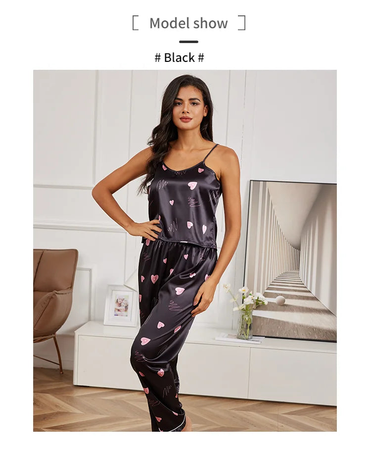 Women's Home Clothes Sexy V Neck Pajama Silk Pajamas Set Sleepwear Satin Cami Vest with Trousers Pajamas 2 Piece Sets Loungewear