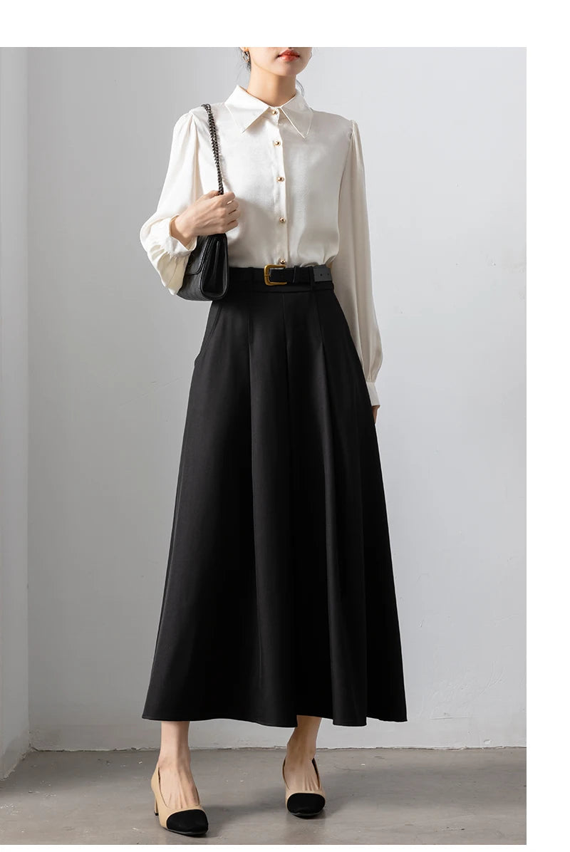 Autumn Elegant High Waist Women's Umbrella Skirts Pockets 2025 New Solid Casual Loose Office Pleated A-line Long Skirts Female