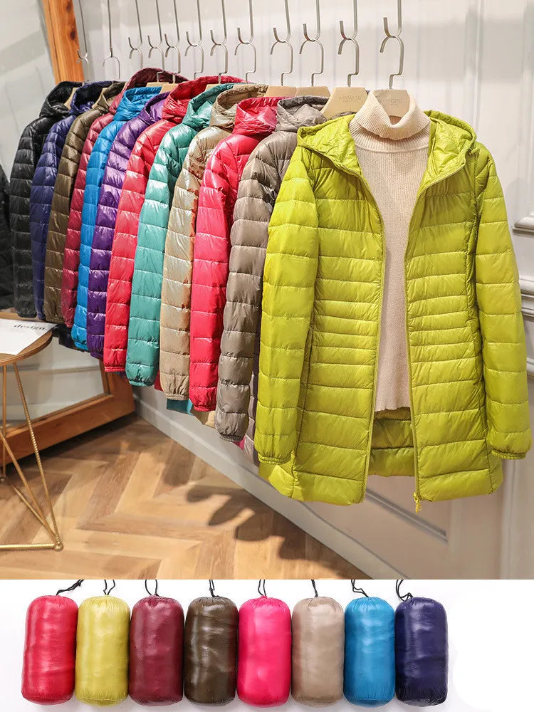 Female Long Warm Down Coat with Portable Storage Bag Women Light Down Jacket Ladies Overcoats Hip-Length High Street