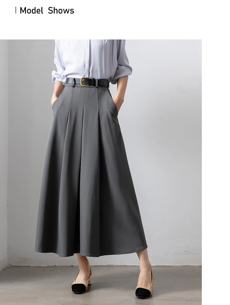 Autumn Elegant High Waist Women's Umbrella Skirts Pockets 2025 New Solid Casual Loose Office Pleated A-line Long Skirts Female