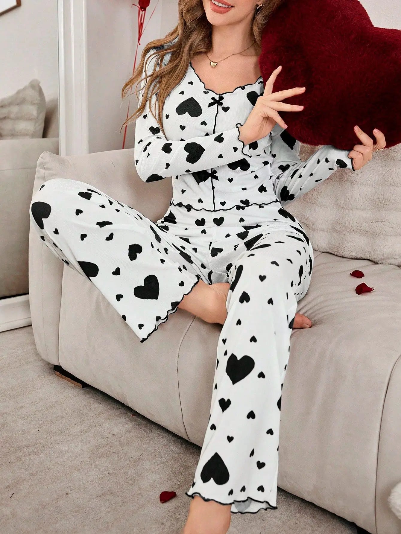 Autumn Winter 2 Pieces Pajamas Sets for Women Sleepwear Heart Print Long Sleeve Tops with Long Pants Trouser Set Pyjamas