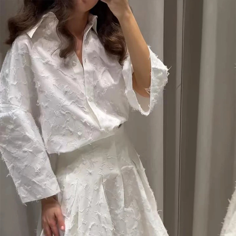 Tassel Shirt Long Skirt Suit Women Loose Lapel Buttons Blouse A-line Skirt Set Female Full Sleeve 2025 Autumn white Sets Lady