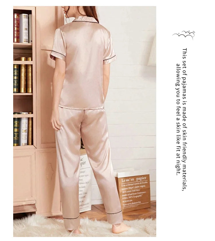 Luxurious Satin Pajama For Women 2 Piece Pjs Set Pocket Heart Embroider Sleepwear Autumn Long Sleeve Tops & Pants Pyjama Female