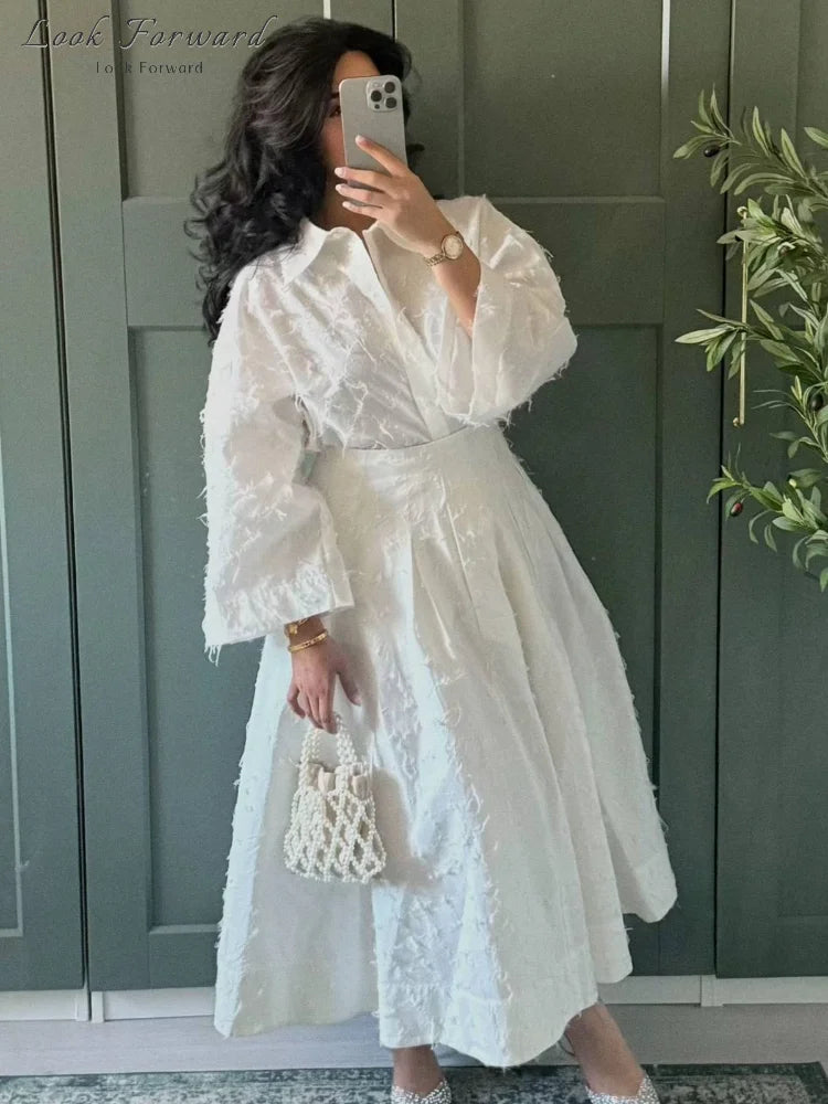 Tassel Shirt Long Skirt Suit Women Loose Lapel Buttons Blouse A-line Skirt Set Female Full Sleeve 2025 Autumn white Sets Lady