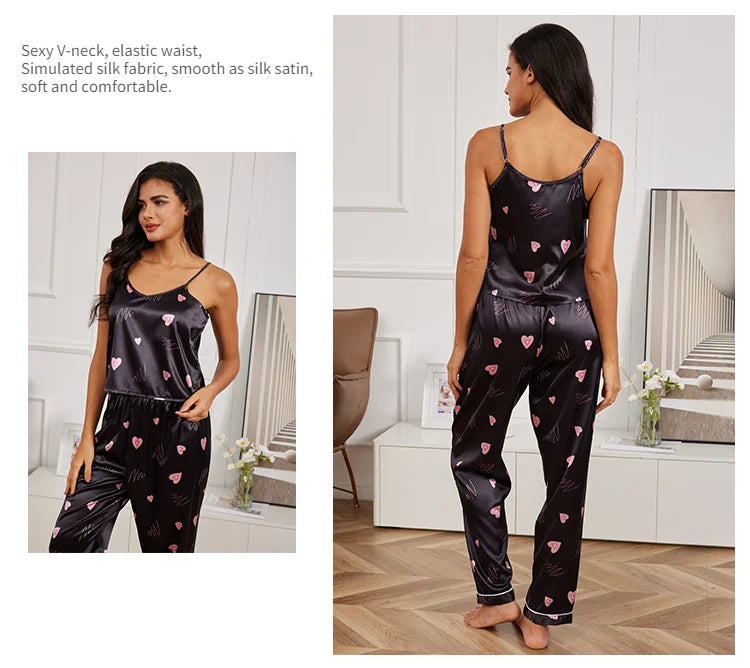 Women's Home Clothes Sexy V Neck Pajama Silk Pajamas Set Sleepwear Satin Cami Vest with Trousers Pajamas 2 Piece Sets Loungewear