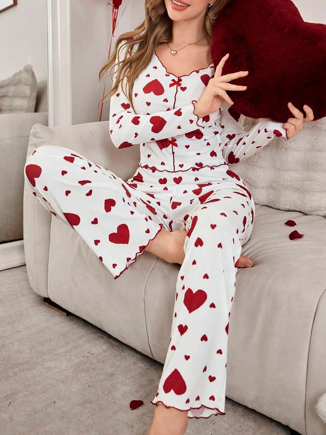 Autumn Winter 2 Pieces Pajamas Sets for Women Sleepwear Heart Print Long Sleeve Tops with Long Pants Trouser Set Pyjamas