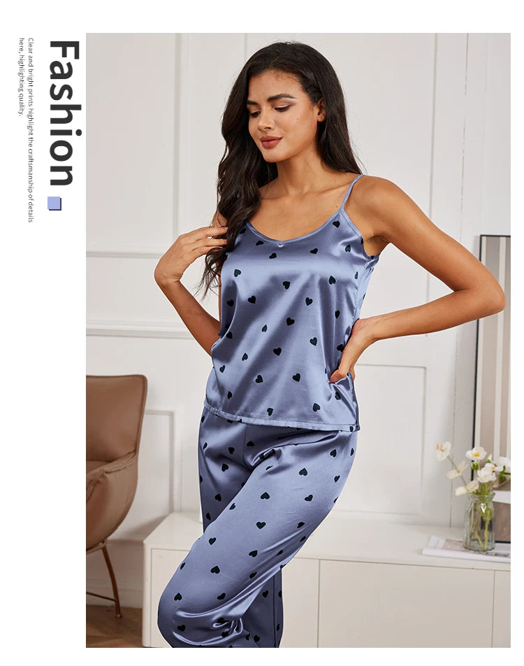 Women's Home Clothes Sexy V Neck Pajama Silk Pajamas Set Sleepwear Satin Cami Vest with Trousers Pajamas 2 Piece Sets Loungewear