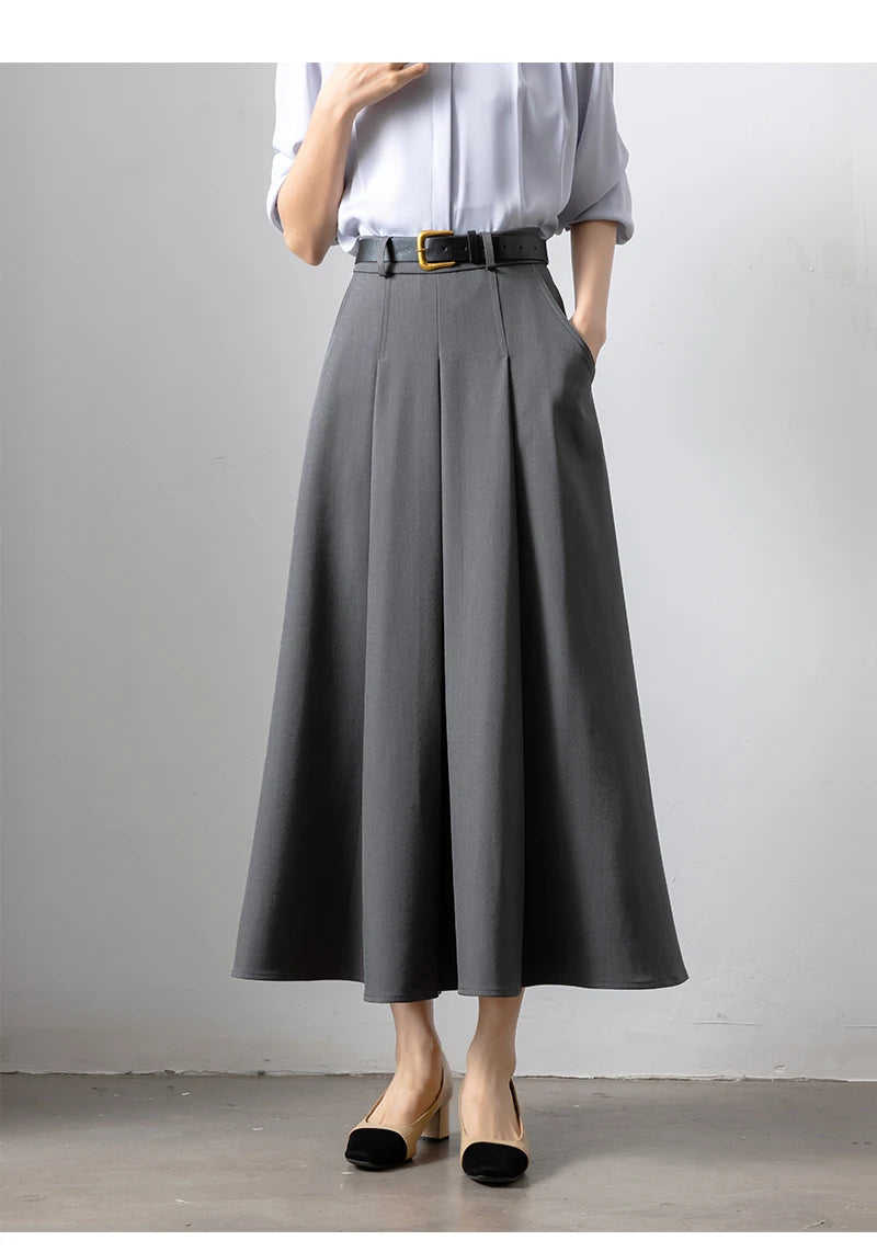 Autumn Elegant High Waist Women's Umbrella Skirts Pockets 2025 New Solid Casual Loose Office Pleated A-line Long Skirts Female