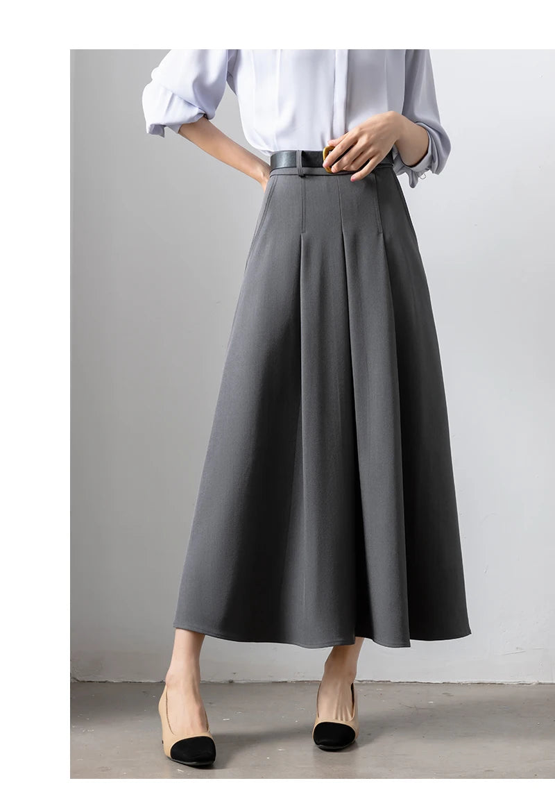 Autumn Elegant High Waist Women's Umbrella Skirts Pockets 2025 New Solid Casual Loose Office Pleated A-line Long Skirts Female