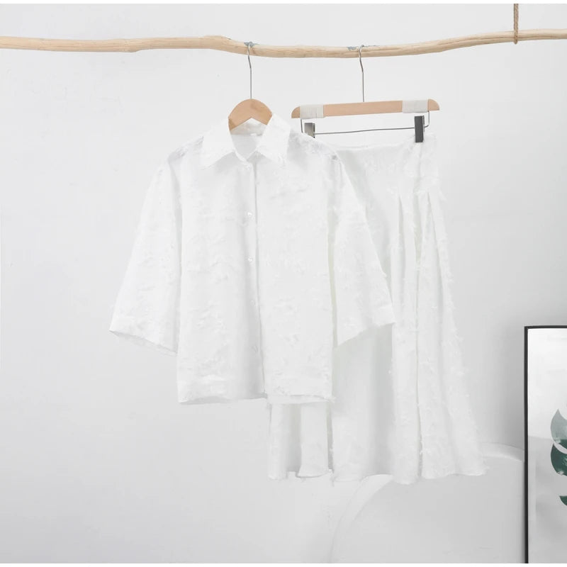 Tassel Shirt Long Skirt Suit Women Loose Lapel Buttons Blouse A-line Skirt Set Female Full Sleeve 2025 Autumn white Sets Lady