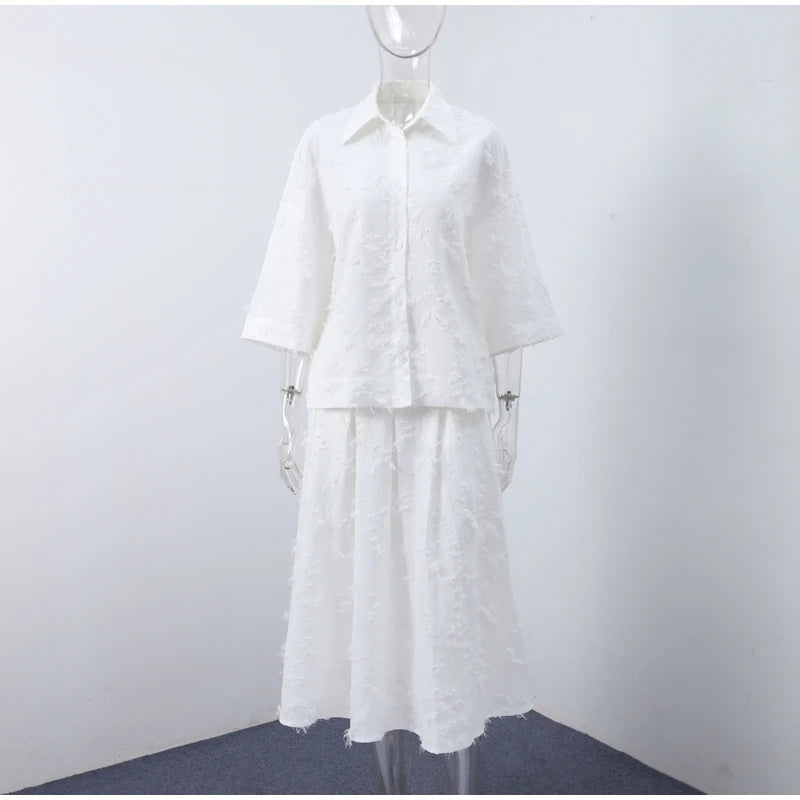 Tassel Shirt Long Skirt Suit Women Loose Lapel Buttons Blouse A-line Skirt Set Female Full Sleeve 2025 Autumn white Sets Lady
