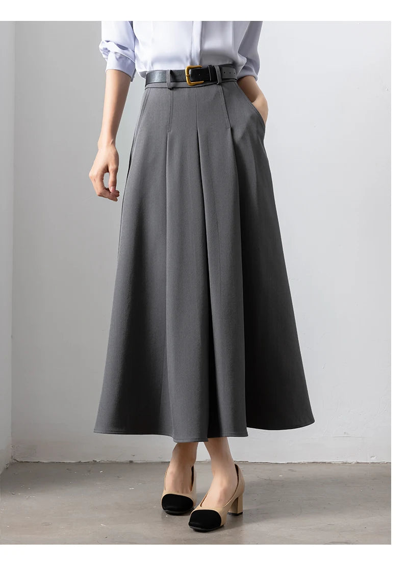 Autumn Elegant High Waist Women's Umbrella Skirts Pockets 2025 New Solid Casual Loose Office Pleated A-line Long Skirts Female