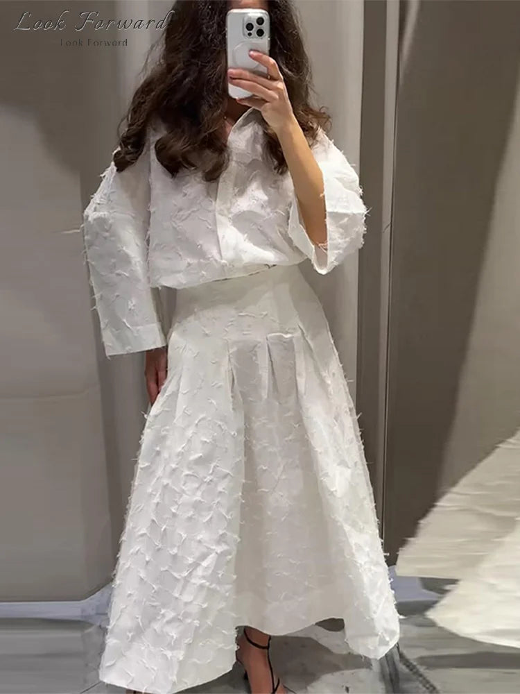 Tassel Shirt Long Skirt Suit Women Loose Lapel Buttons Blouse A-line Skirt Set Female Full Sleeve 2025 Autumn white Sets Lady