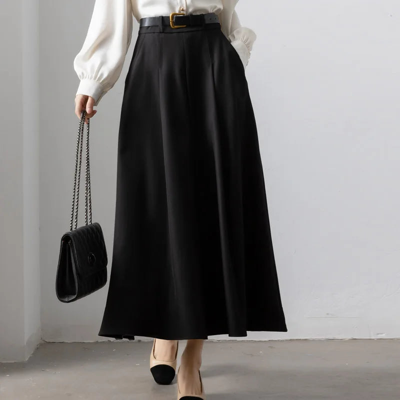 Autumn Elegant High Waist Women's Umbrella Skirts Pockets 2025 New Solid Casual Loose Office Pleated A-line Long Skirts Female