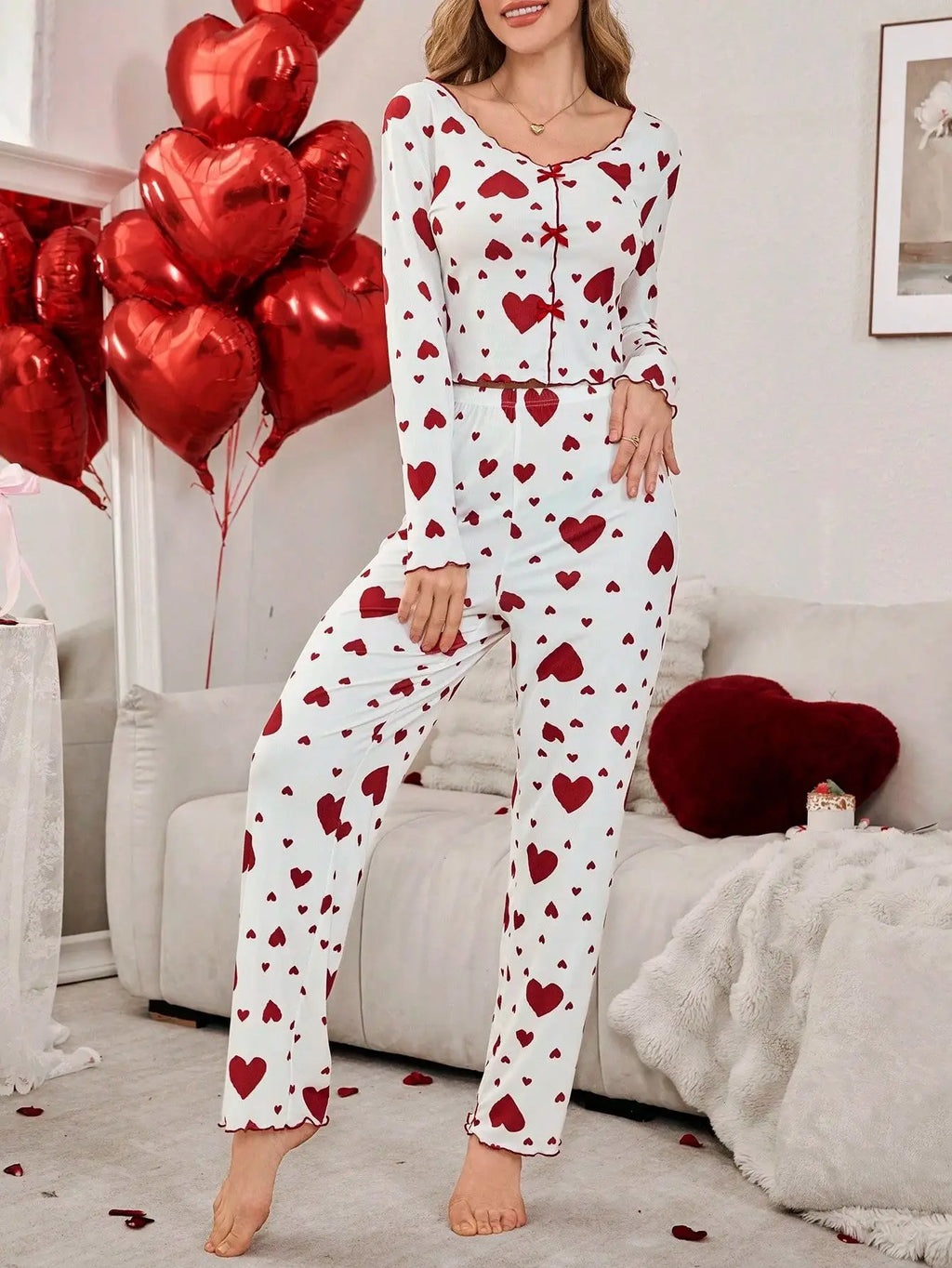 Autumn Winter 2 Pieces Pajamas Sets for Women Sleepwear Heart Print Long Sleeve Tops with Long Pants Trouser Set Pyjamas
