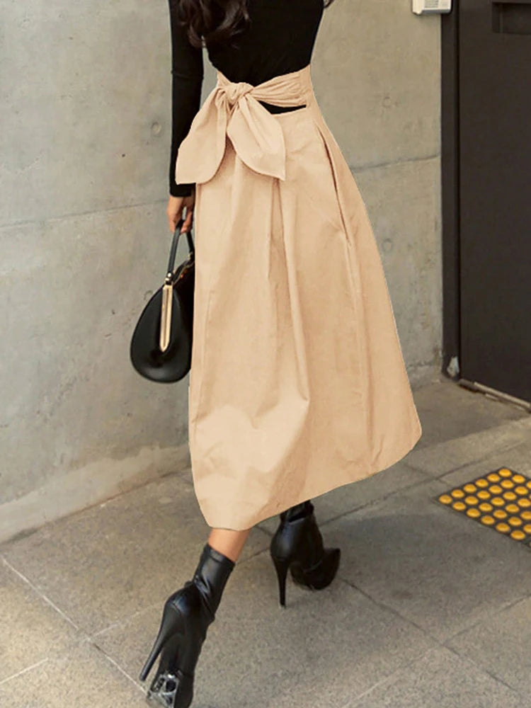 Stylish Solid A-line Skirts for Women Preppy School Style High Elastic Waist Long Skirt With Bow Woman Clothing Women's Skirts