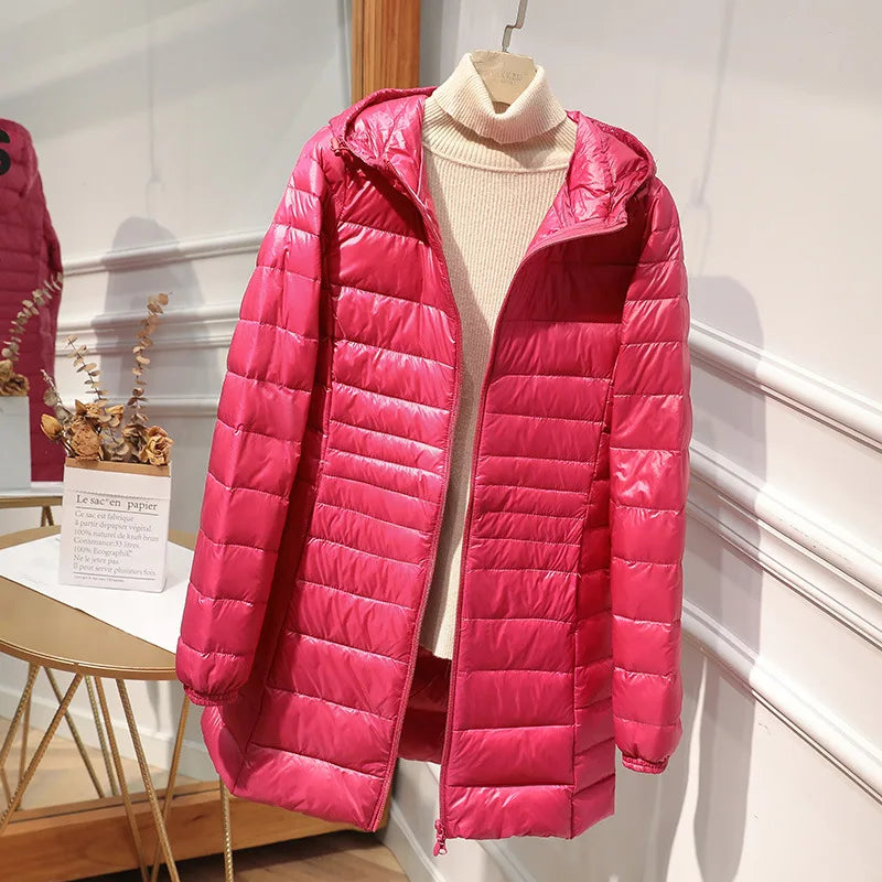 Female Long Warm Down Coat with Portable Storage Bag Women Light Down Jacket Ladies Overcoats Hip-Length High Street