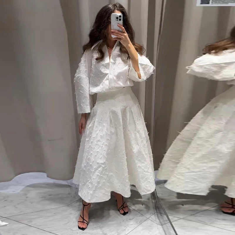Tassel Shirt Long Skirt Suit Women Loose Lapel Buttons Blouse A-line Skirt Set Female Full Sleeve 2025 Autumn white Sets Lady