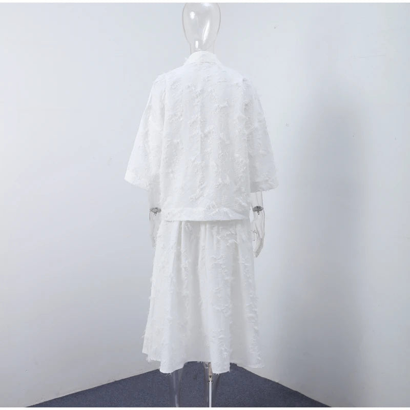 Tassel Shirt Long Skirt Suit Women Loose Lapel Buttons Blouse A-line Skirt Set Female Full Sleeve 2025 Autumn white Sets Lady