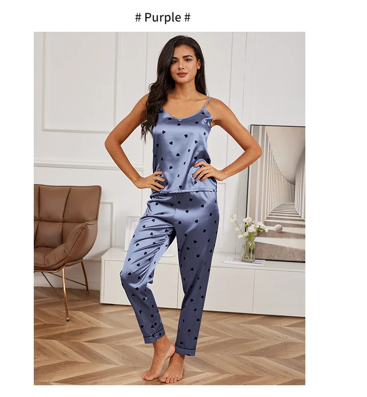 Women's Home Clothes Sexy V Neck Pajama Silk Pajamas Set Sleepwear Satin Cami Vest with Trousers Pajamas 2 Piece Sets Loungewear