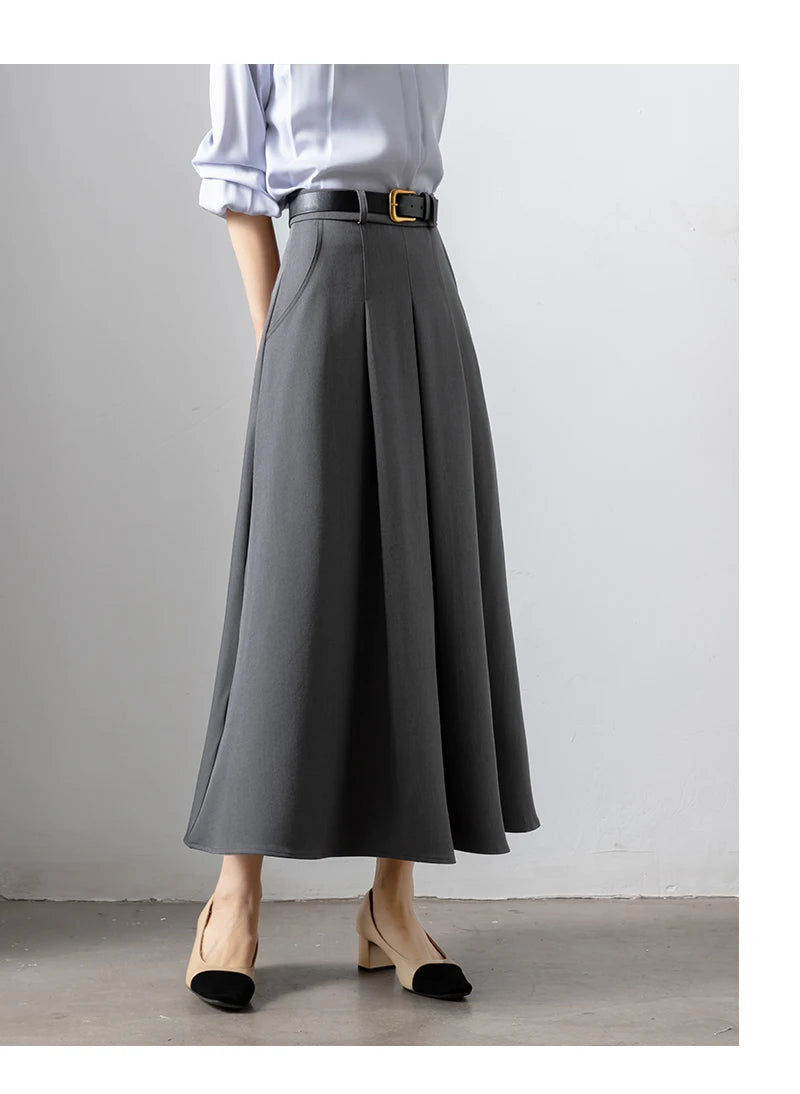 Autumn Elegant High Waist Women's Umbrella Skirts Pockets 2025 New Solid Casual Loose Office Pleated A-line Long Skirts Female