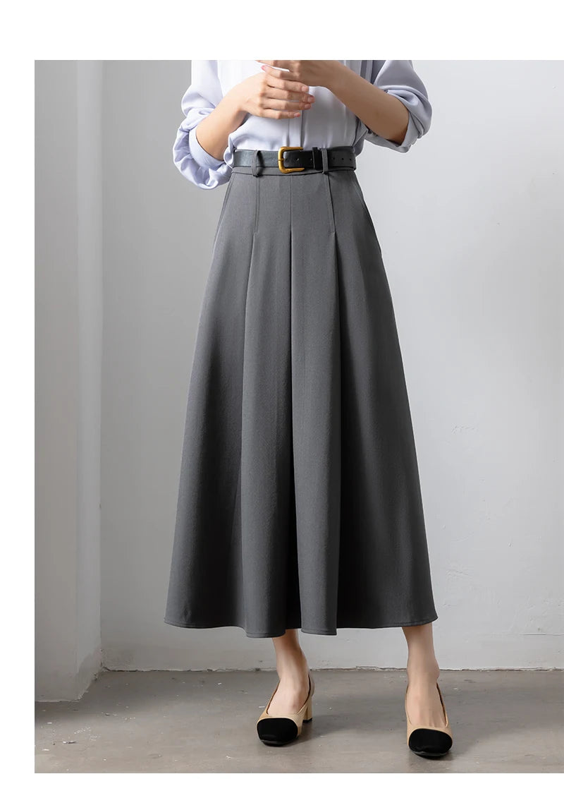 Autumn Elegant High Waist Women's Umbrella Skirts Pockets 2025 New Solid Casual Loose Office Pleated A-line Long Skirts Female