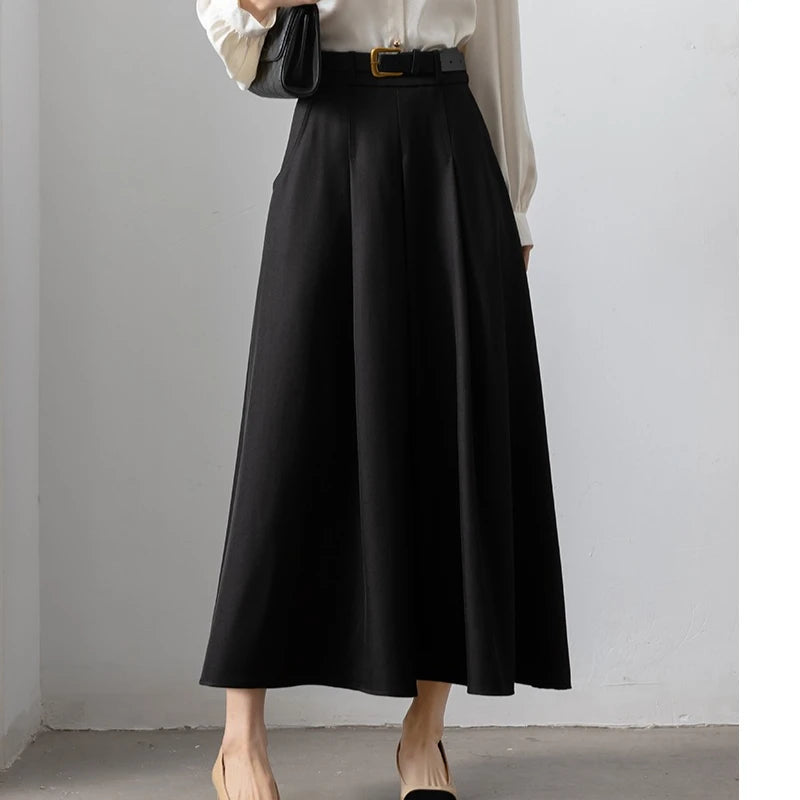 Autumn Elegant High Waist Women's Umbrella Skirts Pockets 2025 New Solid Casual Loose Office Pleated A-line Long Skirts Female
