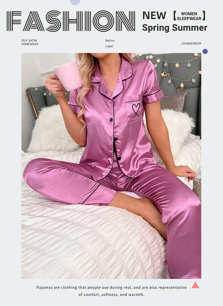 Luxurious Satin Pajama For Women 2 Piece Pjs Set Pocket Heart Embroider Sleepwear Autumn Long Sleeve Tops & Pants Pyjama Female