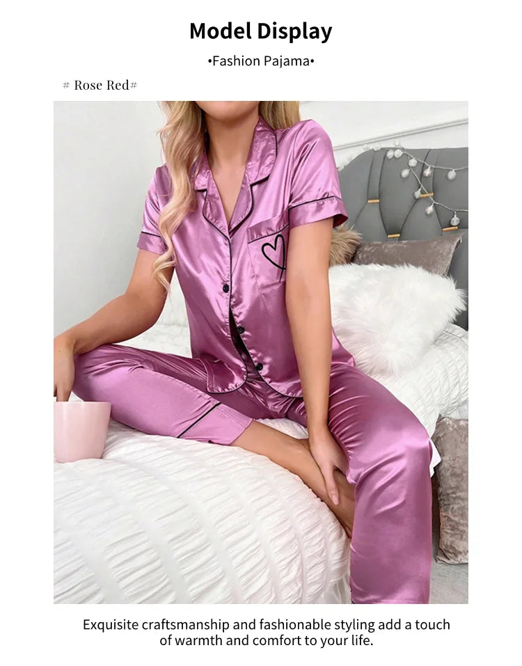 Luxurious Satin Pajama For Women 2 Piece Pjs Set Pocket Heart Embroider Sleepwear Autumn Long Sleeve Tops & Pants Pyjama Female