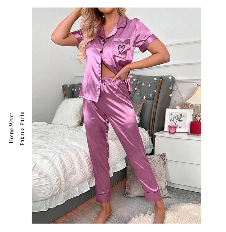 Luxurious Satin Pajama For Women 2 Piece Pjs Set Pocket Heart Embroider Sleepwear Autumn Long Sleeve Tops & Pants Pyjama Female