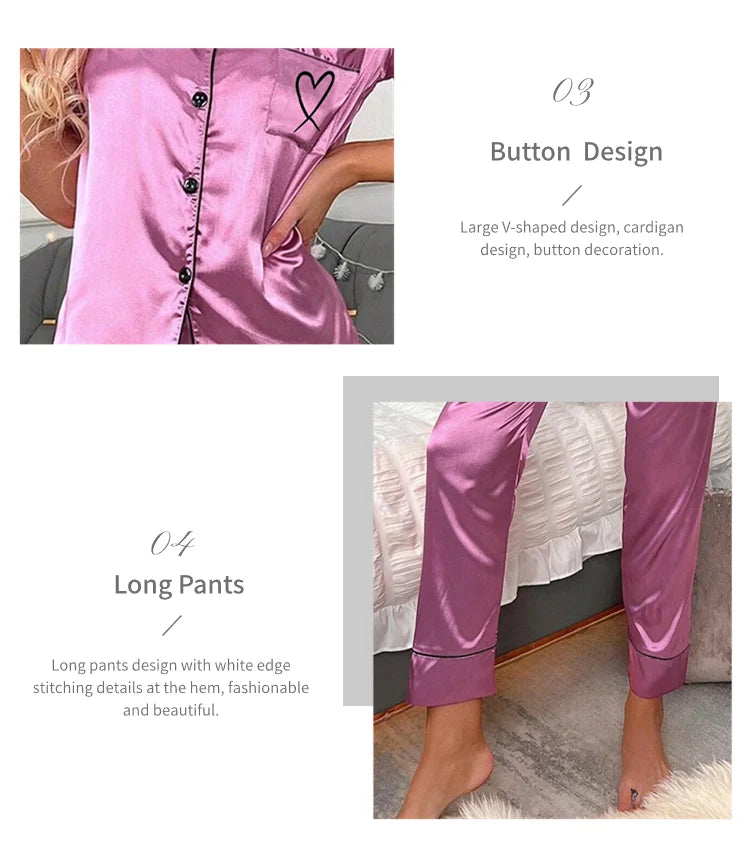 Luxurious Satin Pajama For Women 2 Piece Pjs Set Pocket Heart Embroider Sleepwear Autumn Long Sleeve Tops & Pants Pyjama Female