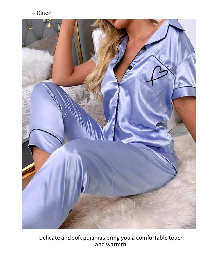 Luxurious Satin Pajama For Women 2 Piece Pjs Set Pocket Heart Embroider Sleepwear Autumn Long Sleeve Tops & Pants Pyjama Female