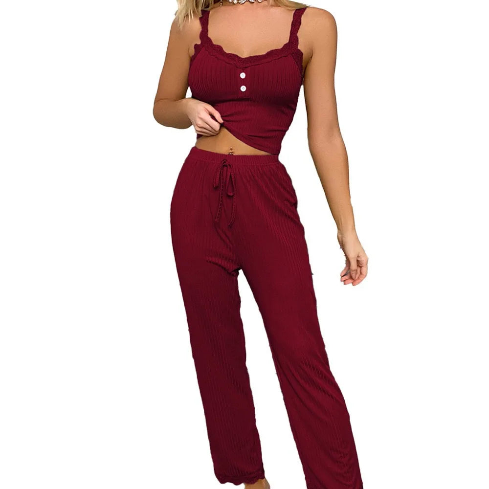 New Women's two-piece pajama set with solid color lace edging sexy slim fit suspender and pants soft and comfortable pajamas set
