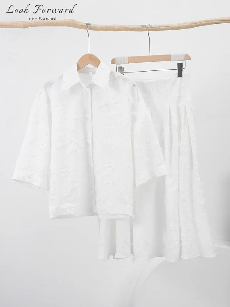 Tassel Shirt Long Skirt Suit Women Loose Lapel Buttons Blouse A-line Skirt Set Female Full Sleeve 2025 Autumn white Sets Lady