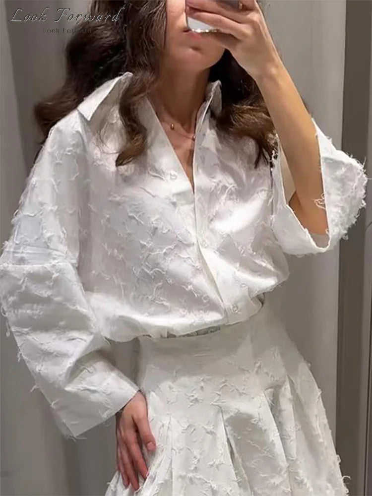 Tassel Shirt Long Skirt Suit Women Loose Lapel Buttons Blouse A-line Skirt Set Female Full Sleeve 2025 Autumn white Sets Lady