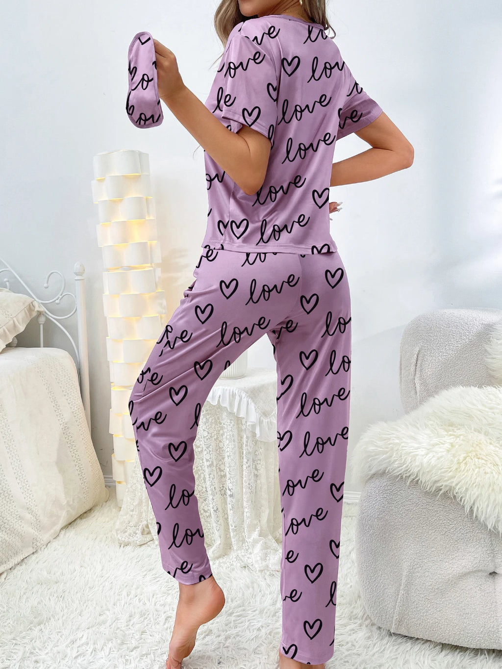 New women's home wear short sleeve trousers pajamas love pattern casual and comfortable