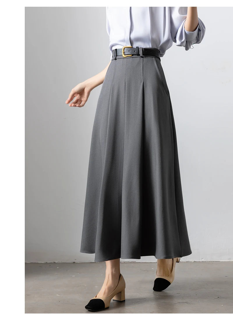 Autumn Elegant High Waist Women's Umbrella Skirts Pockets 2025 New Solid Casual Loose Office Pleated A-line Long Skirts Female