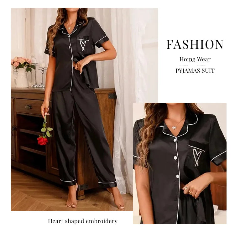 Luxurious Satin Pajama For Women 2 Piece Pjs Set Pocket Heart Embroider Sleepwear Autumn Long Sleeve Tops & Pants Pyjama Female