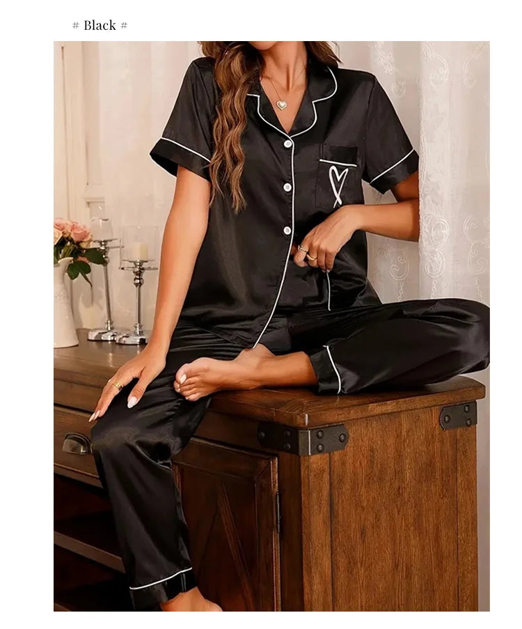 Luxurious Satin Pajama For Women 2 Piece Pjs Set Pocket Heart Embroider Sleepwear Autumn Long Sleeve Tops & Pants Pyjama Female
