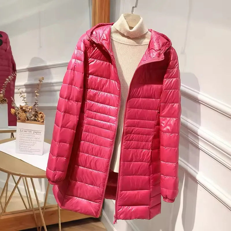 Female Long Warm Down Coat with Portable Storage Bag Women Light Down Jacket Ladies Overcoats Hip-Length High Street