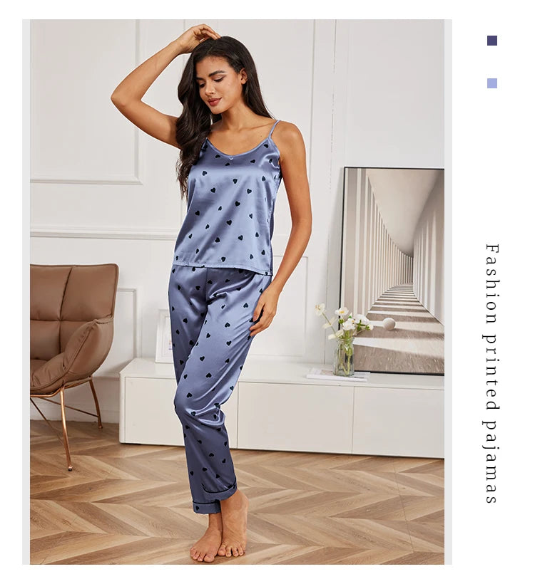 Women's Home Clothes Sexy V Neck Pajama Silk Pajamas Set Sleepwear Satin Cami Vest with Trousers Pajamas 2 Piece Sets Loungewear