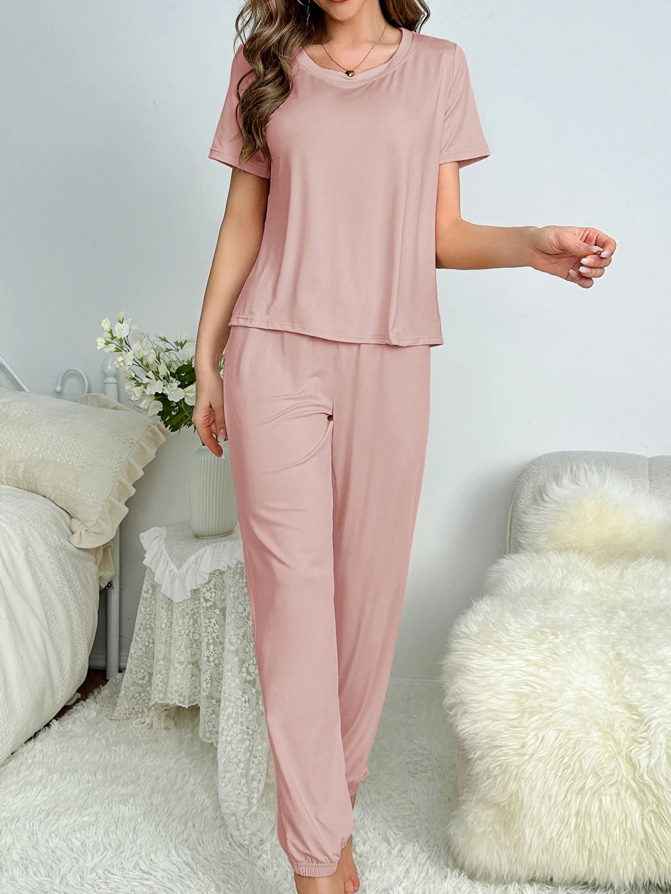 Women's new style pajamas short sleeve trousers elegant casual two-piece solid color home wear