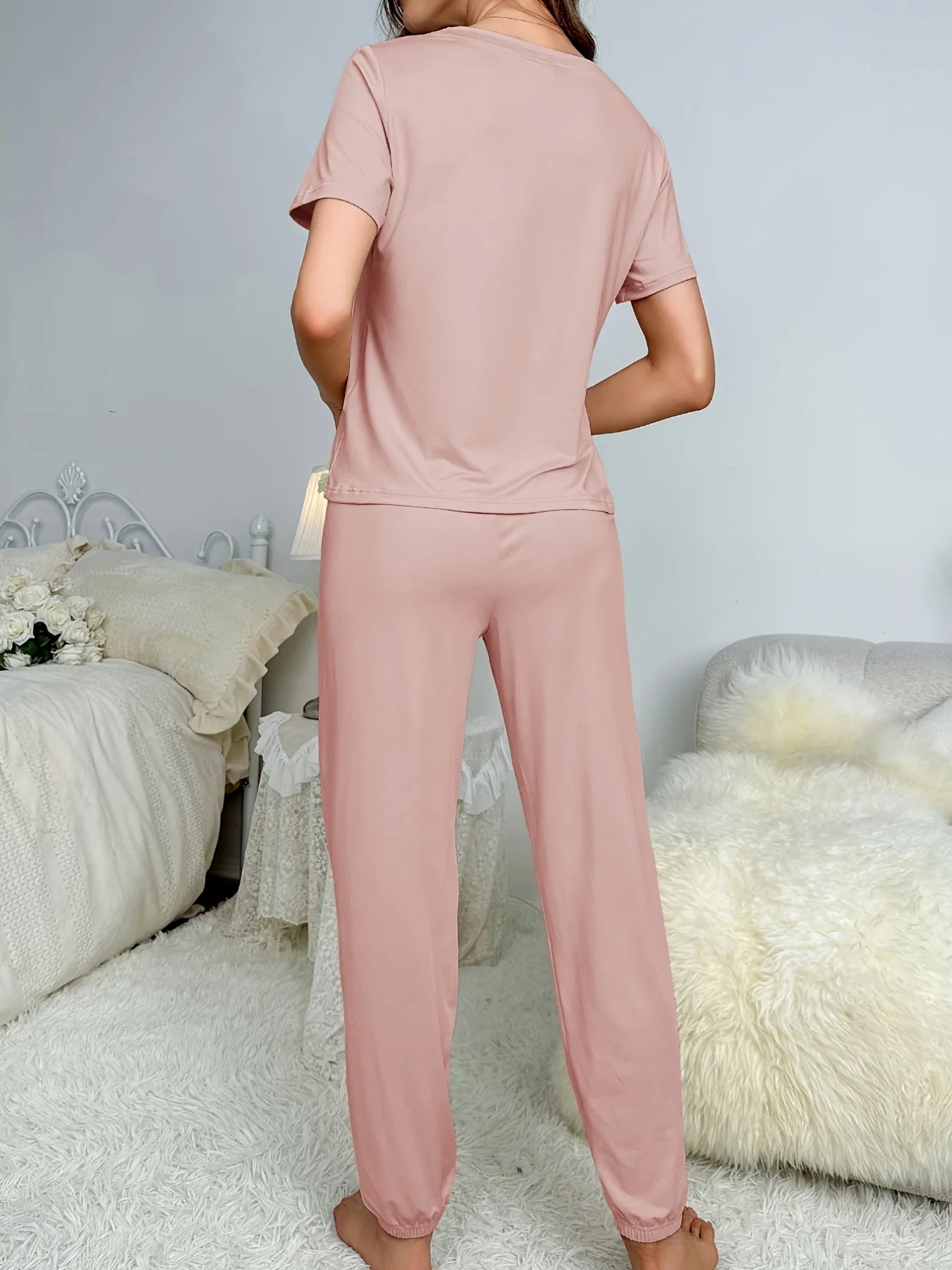 Women's new style pajamas short sleeve trousers elegant casual two-piece solid color home wear