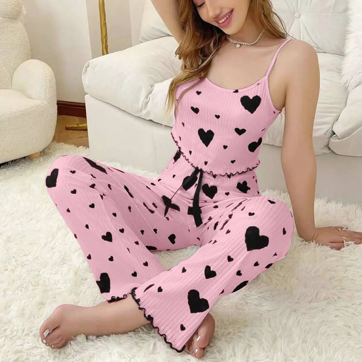 Women Pajamas Plus Size Pajamas Set 2 Piece Short Vest + Trouser White Breathable Soft Casual Love Print