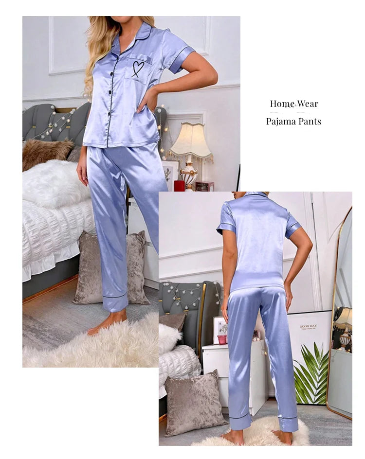 Luxurious Satin Pajama For Women 2 Piece Pjs Set Pocket Heart Embroider Sleepwear Autumn Long Sleeve Tops & Pants Pyjama Female
