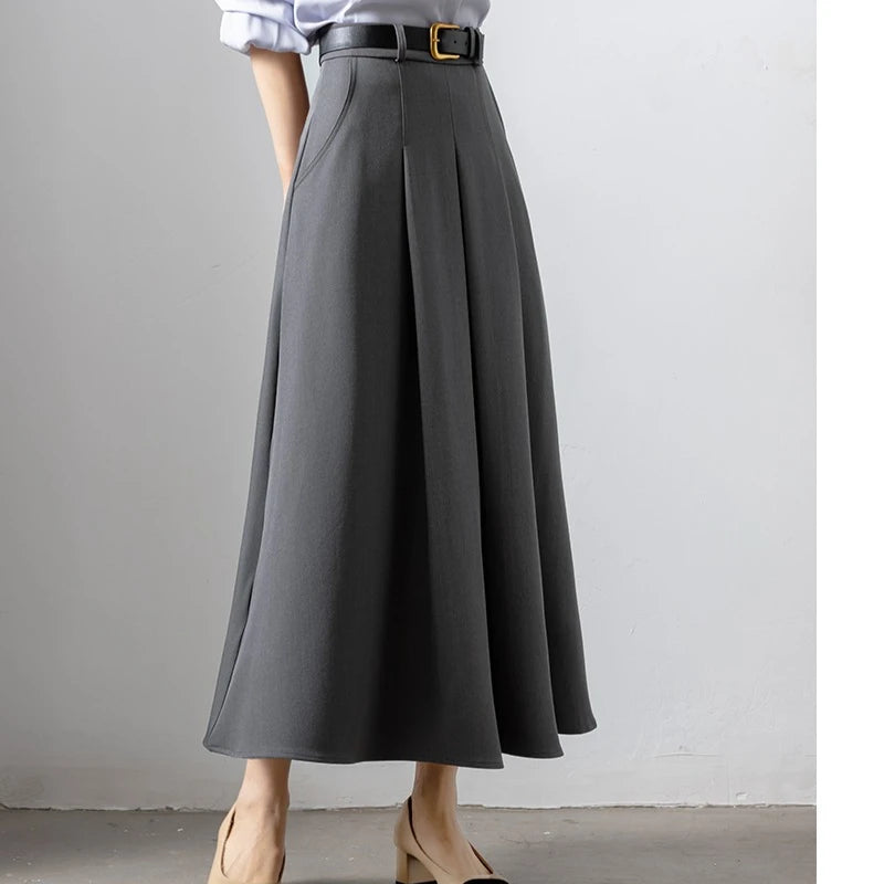 Autumn Elegant High Waist Women's Umbrella Skirts Pockets 2025 New Solid Casual Loose Office Pleated A-line Long Skirts Female