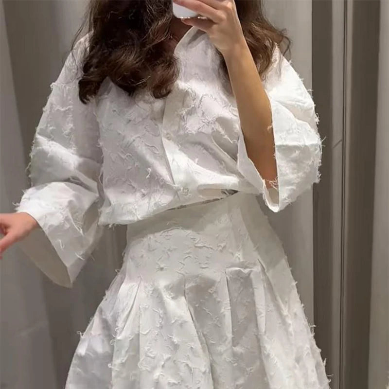 Tassel Shirt Long Skirt Suit Women Loose Lapel Buttons Blouse A-line Skirt Set Female Full Sleeve 2025 Autumn white Sets Lady