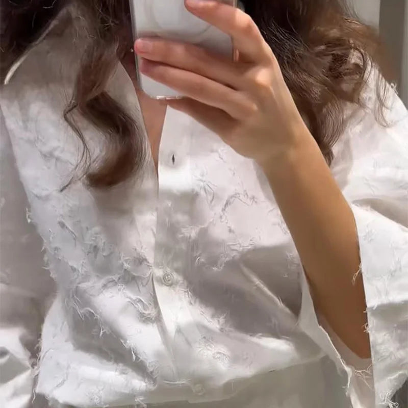 Tassel Shirt Long Skirt Suit Women Loose Lapel Buttons Blouse A-line Skirt Set Female Full Sleeve 2025 Autumn white Sets Lady